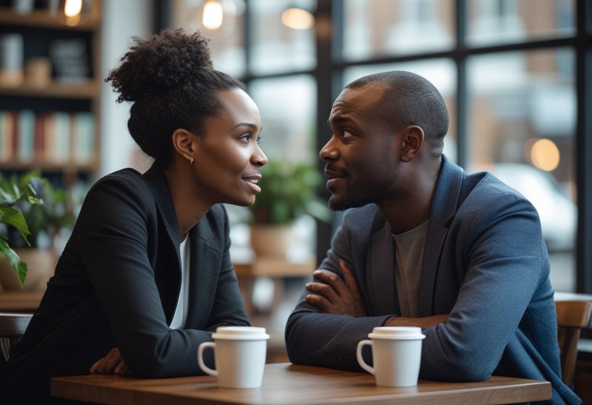 Two people having an intense conversation in a cozy coffee shop, showing an authentic and close connection.
